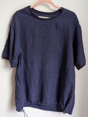 SHADES OF GREY Navi Blue Linen Boxy Contemporary Oversized T-Shirt Size Medium